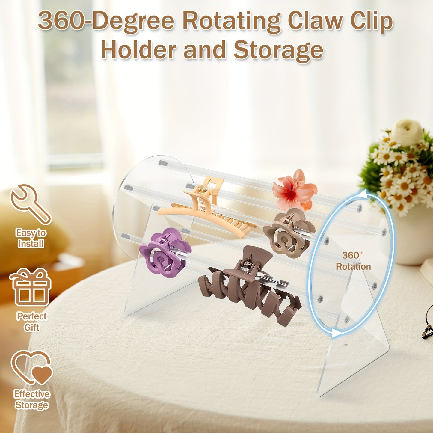 360° Rotating Acrylic Claw Clip Organizer ✨ Transparent Vanity Dressing Table Stand